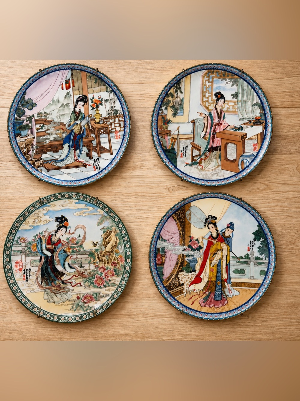 Vintage SET OF 4 Imperial Jingdezhen collector plates Asian beauty woman 8.5 “ D